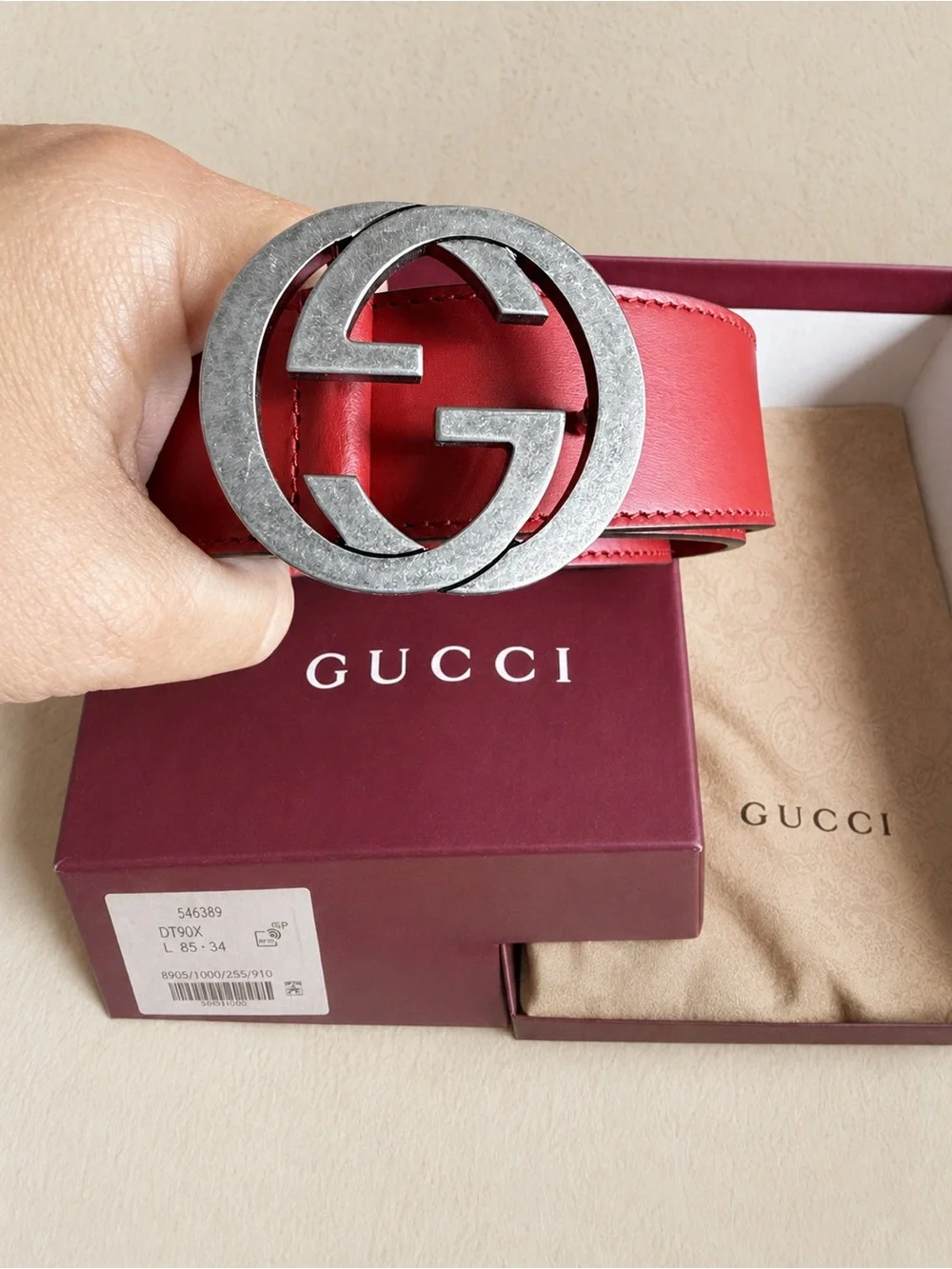 Authentic Men's Gucci Red Selleria Interlocking G Leather Buckle Belt